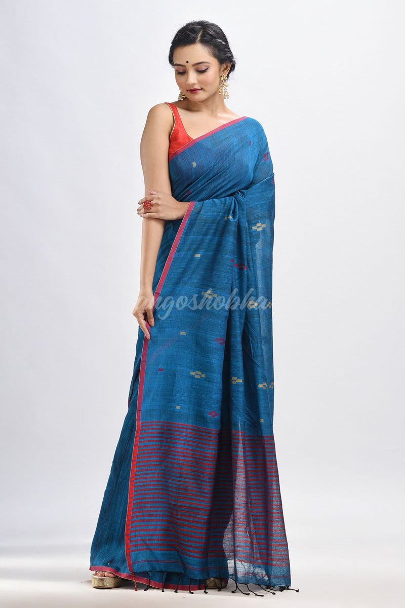 Turquoise cotton pallu stipe handwoven jamdani saree