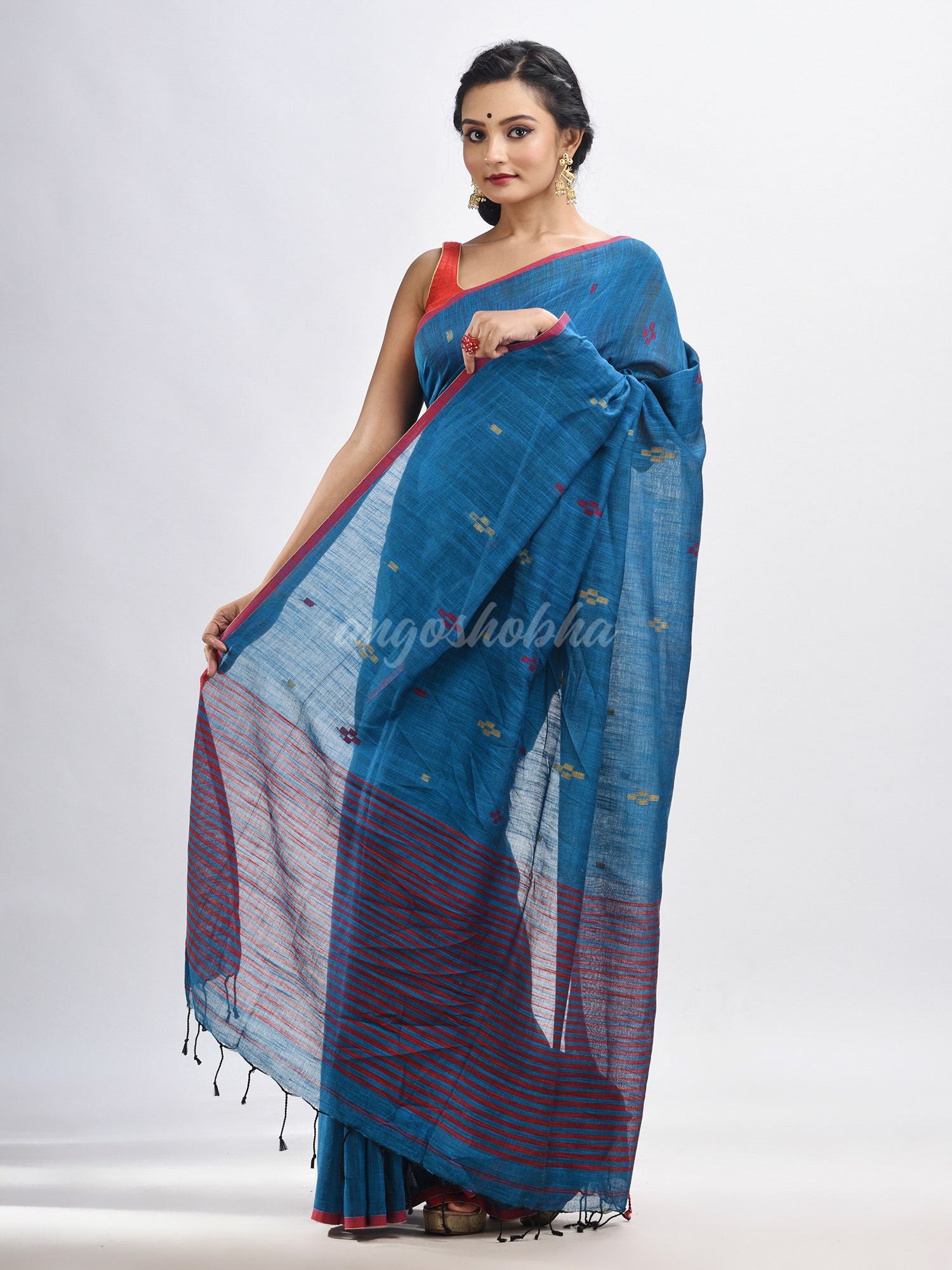 Turquoise cotton pallu stipe handwoven jamdani saree