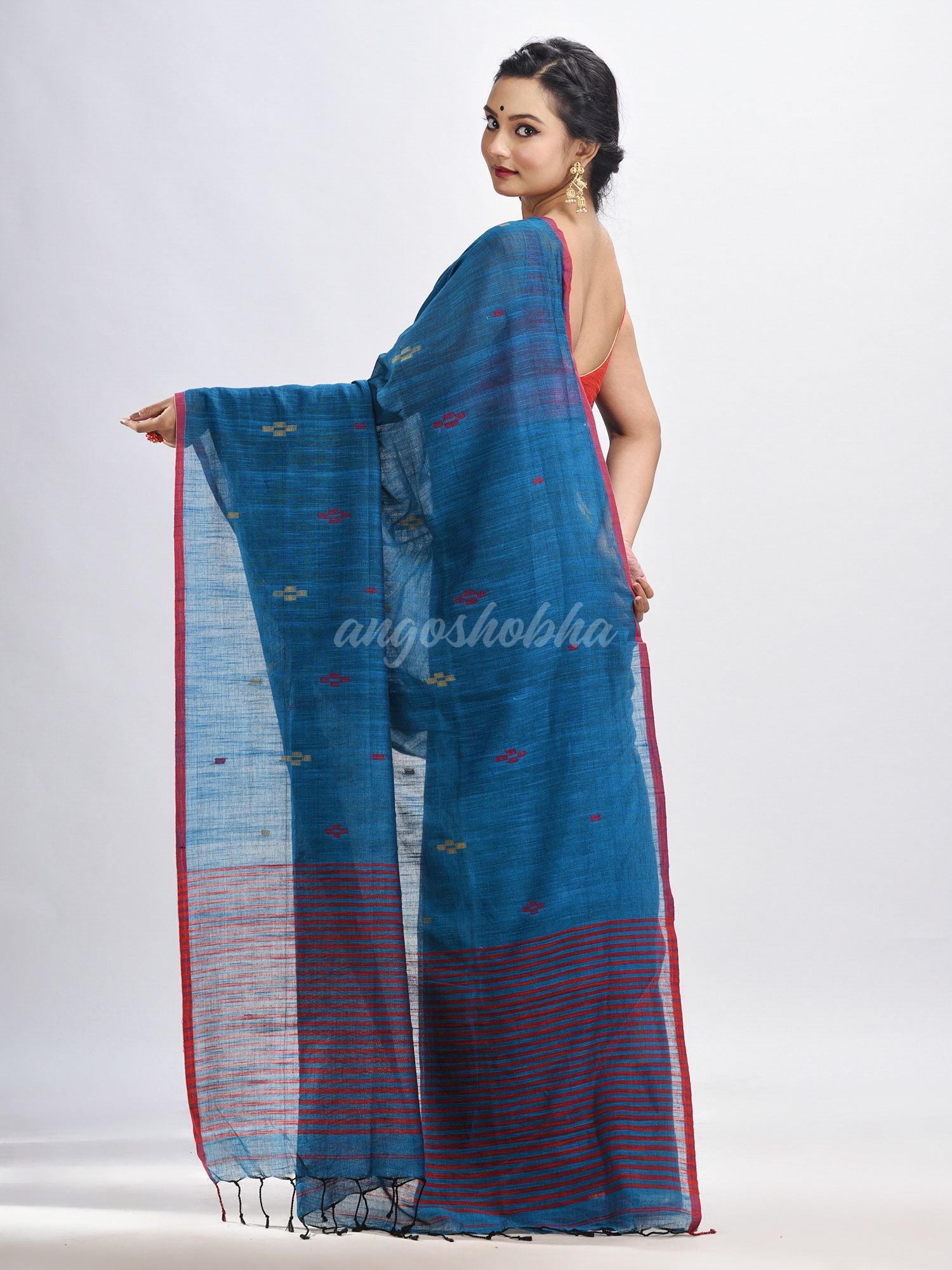 Turquoise cotton pallu stipe handwoven jamdani saree