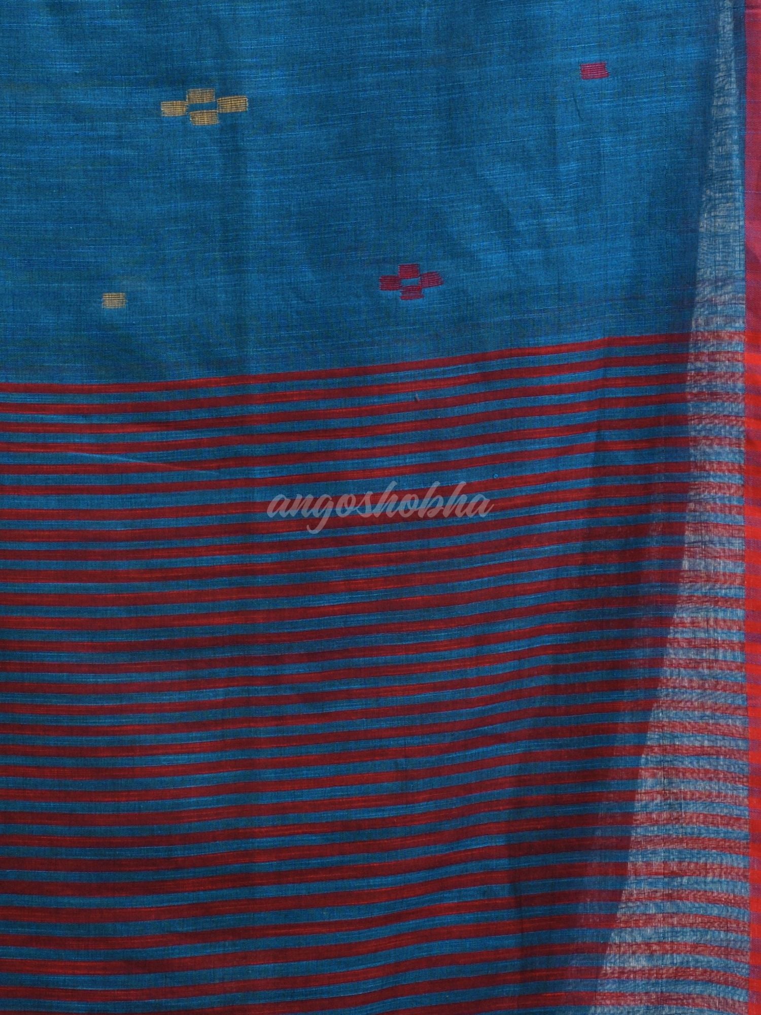 Turquoise cotton pallu stipe handwoven jamdani saree