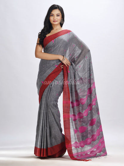 Grey cotton temple broder handwoven jamdani saree