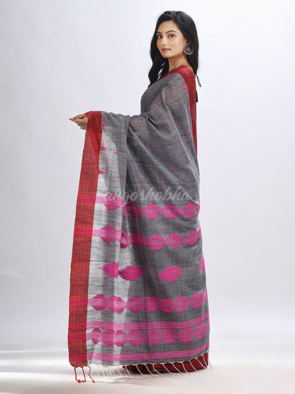 Grey cotton temple broder handwoven jamdani saree