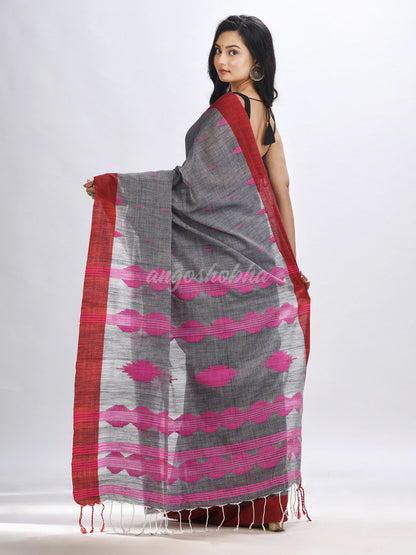 Grey cotton temple broder handwoven jamdani saree