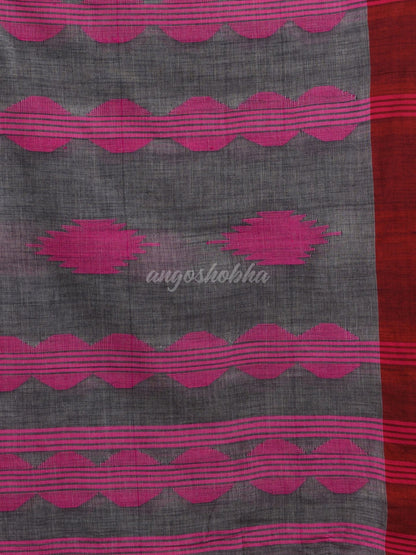 Grey cotton temple broder handwoven jamdani saree