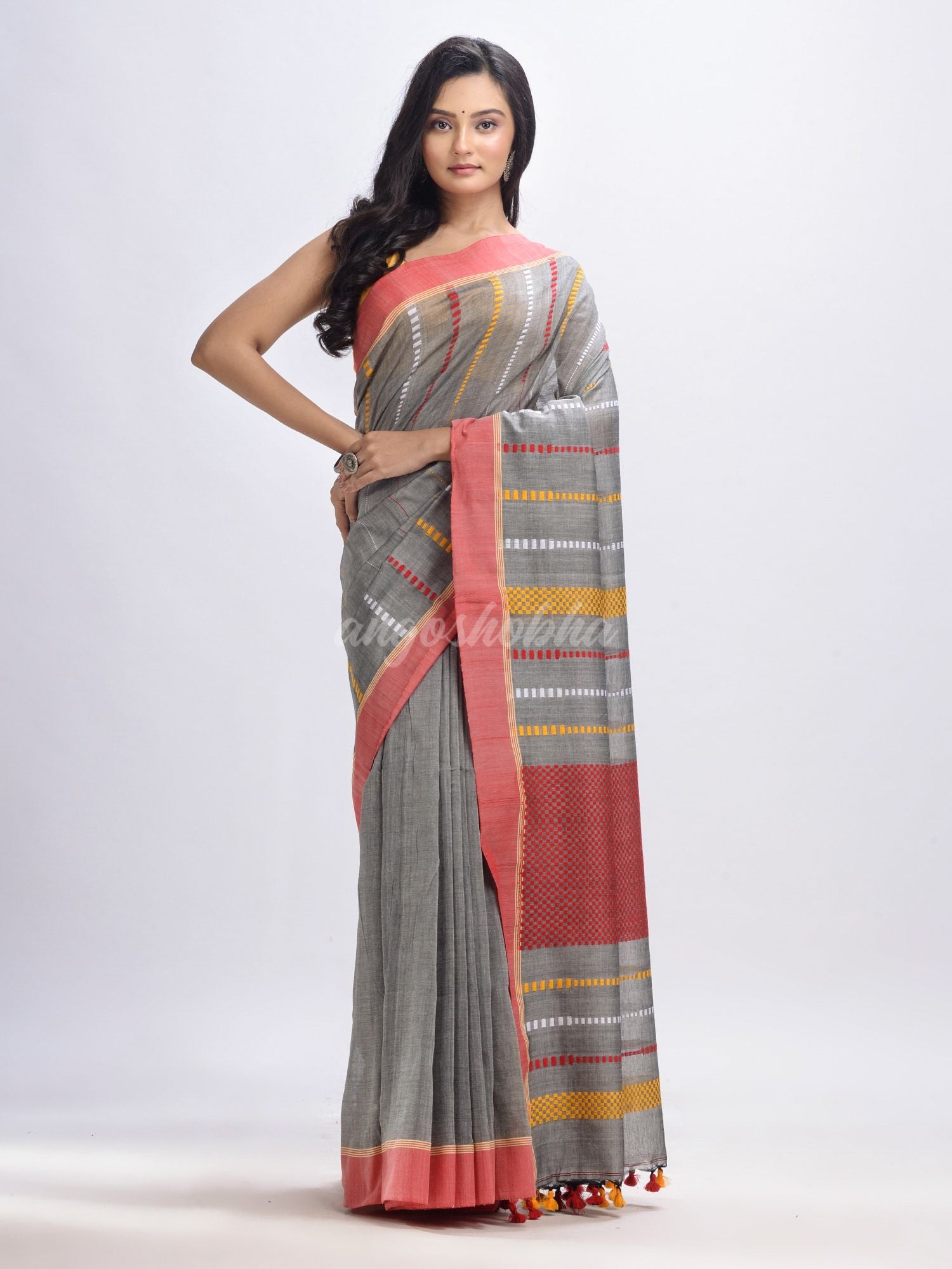 Medium grey cotton handwoven jamdani saree