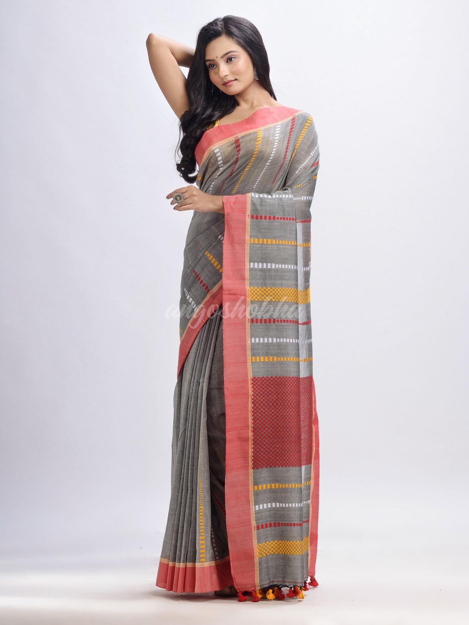 Medium grey cotton handwoven jamdani saree