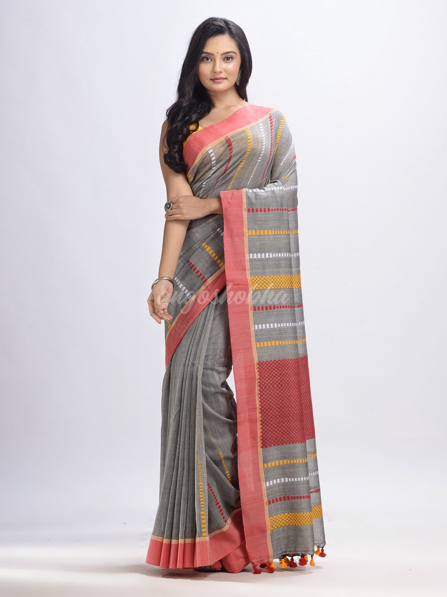 Medium grey cotton handwoven jamdani saree