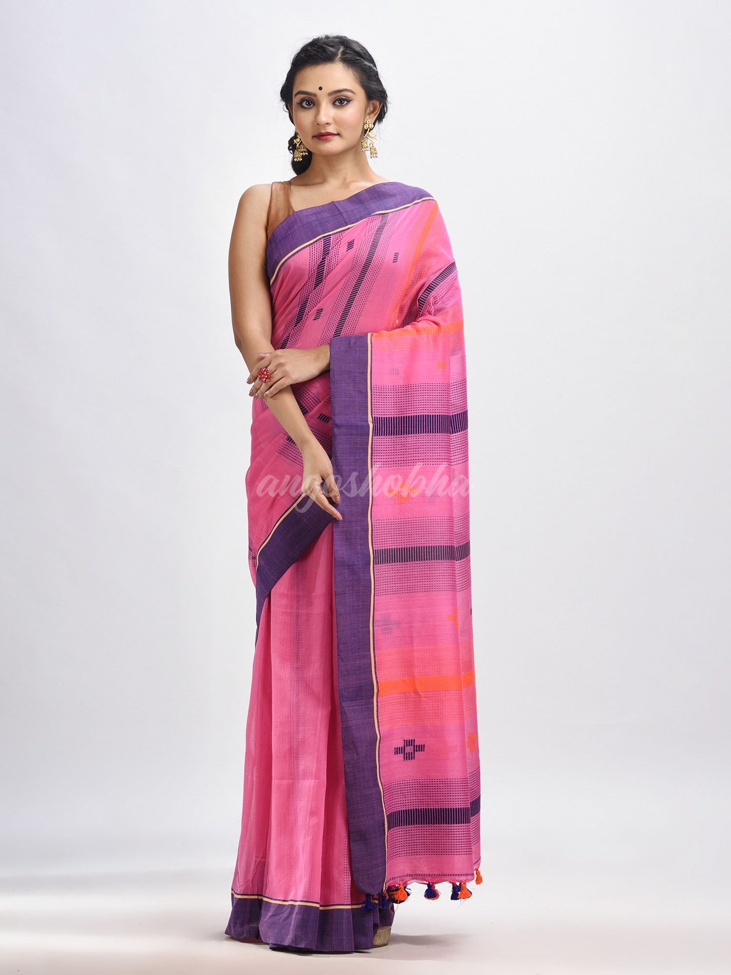 Hot pink cotton handwoven jamdani saree
