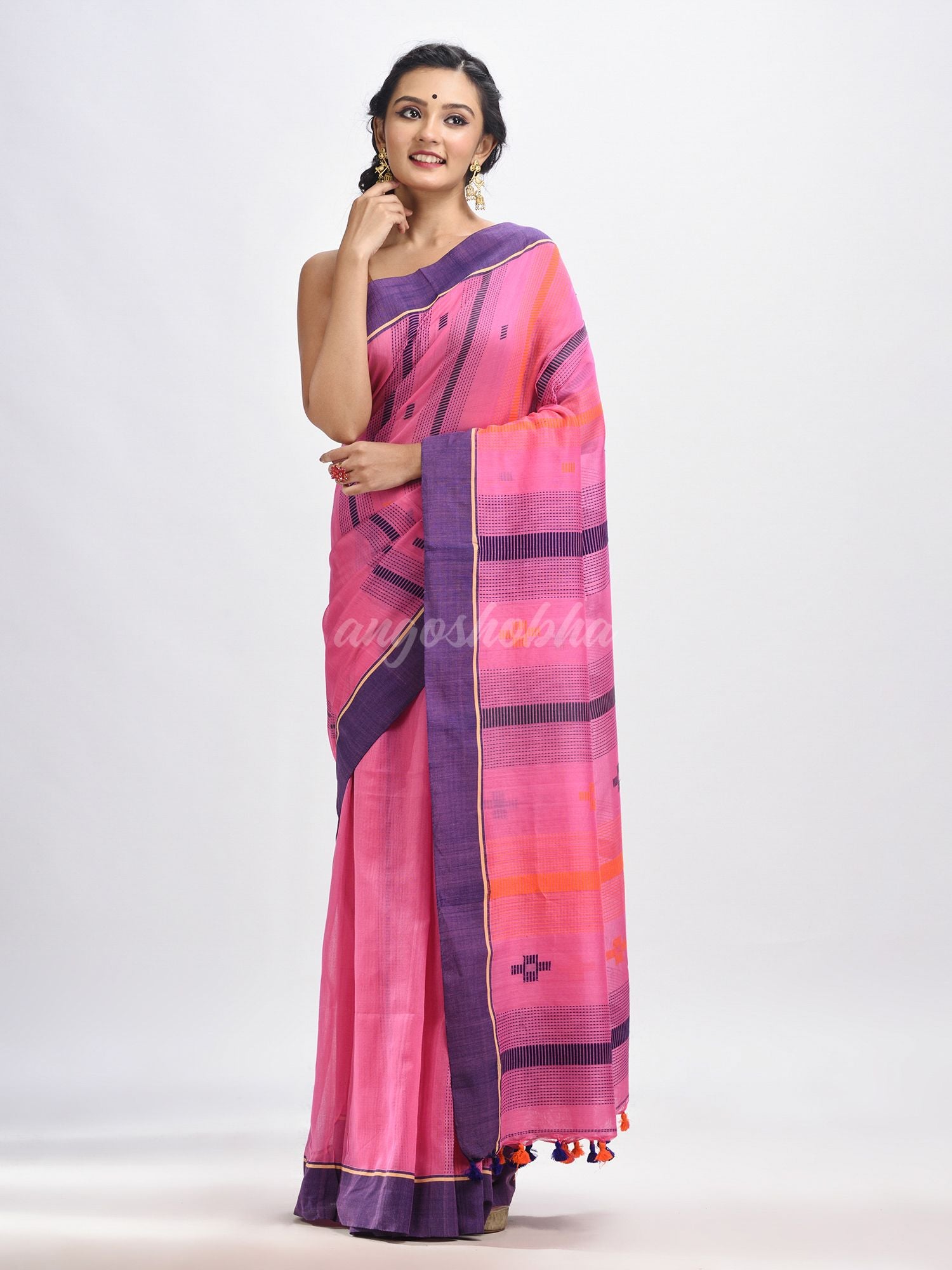 Hot pink cotton handwoven jamdani saree