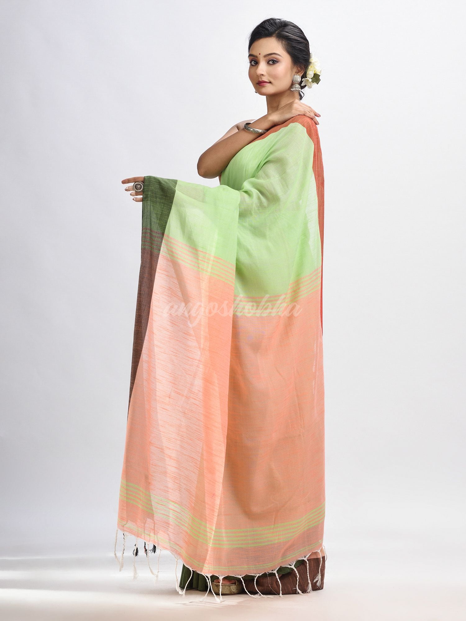 Light green cotton with solid body in tawny peach pallu handloom saree