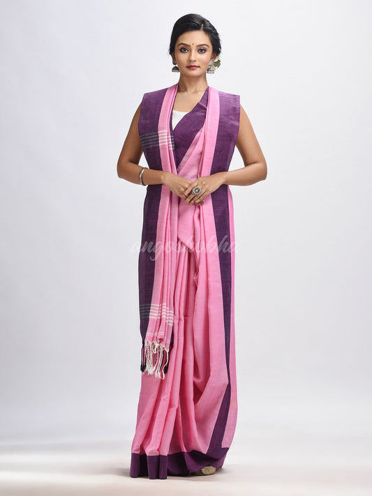 Pink cotton solid body handloom saree