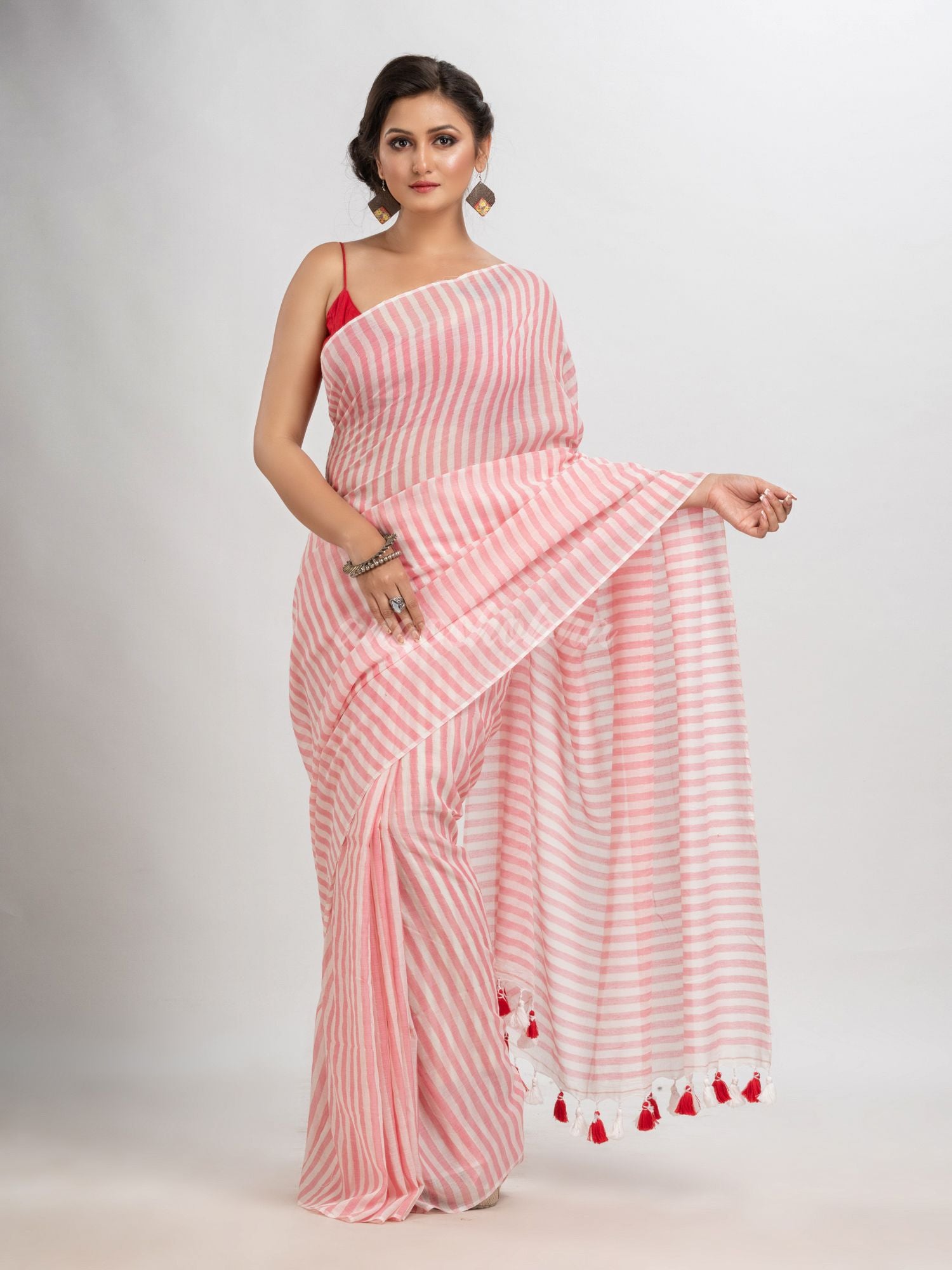 Red & white stripe molmol cotton saree
