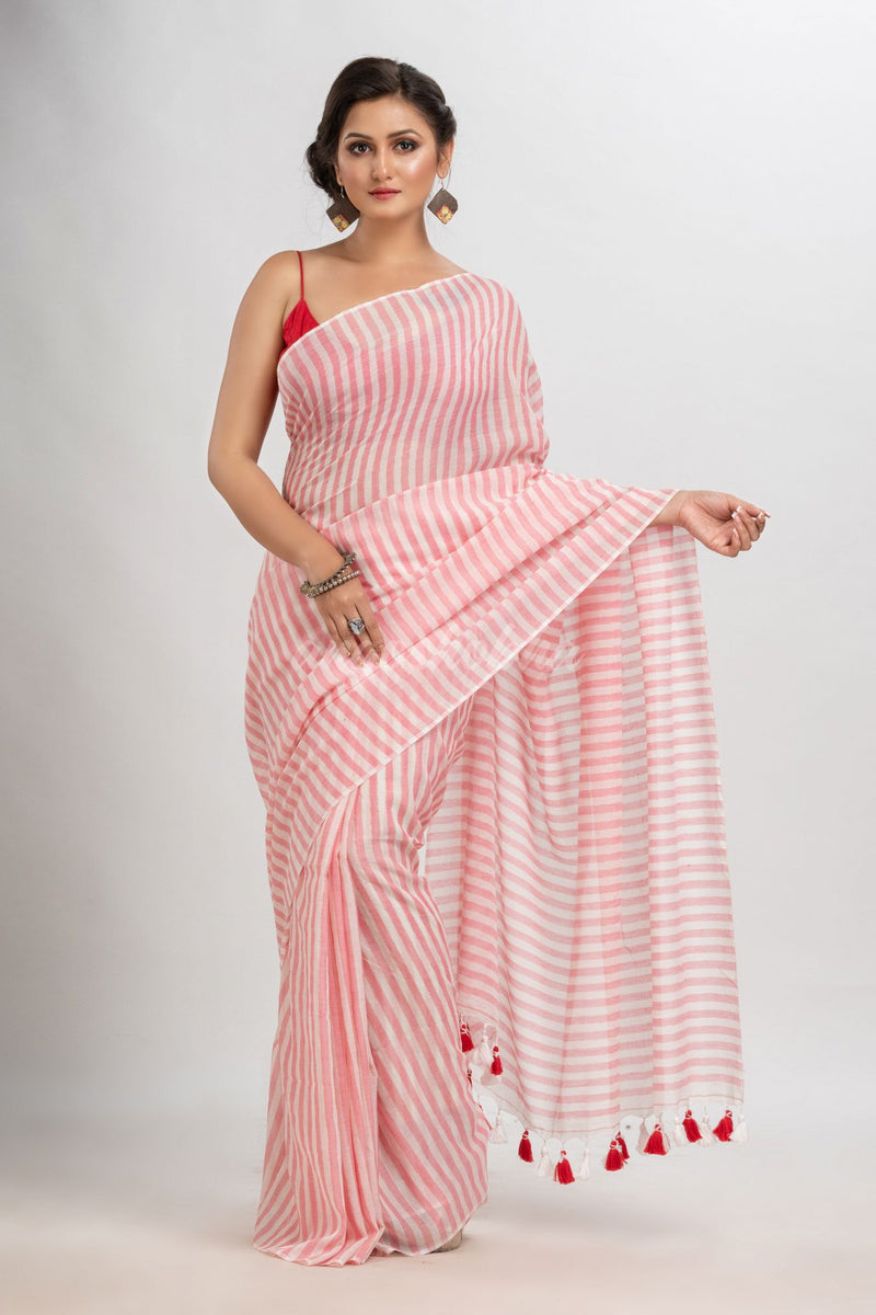 Red & white stripe molmol cotton saree