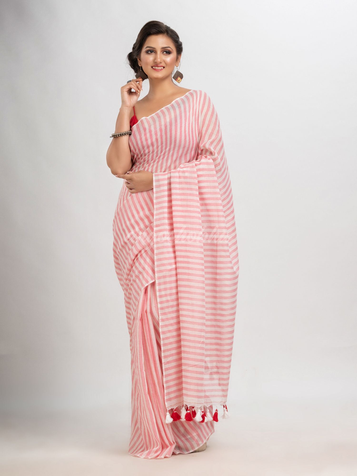 Red & white stripe molmol cotton saree