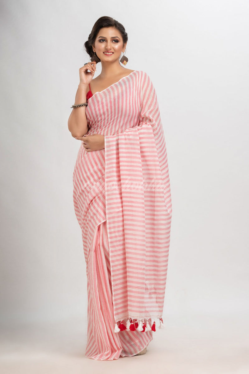 Red & white stripe molmol cotton saree
