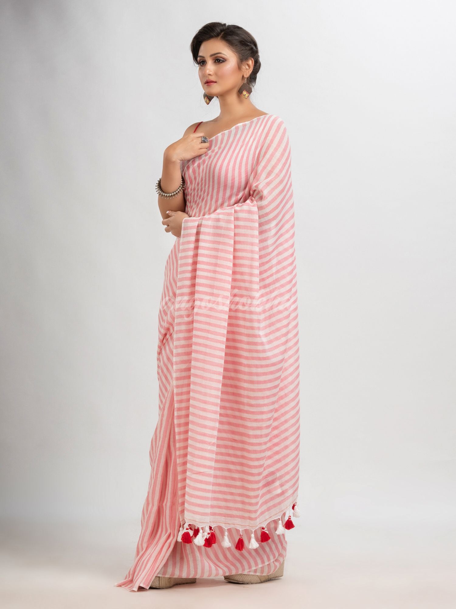 Red & white stripe molmol cotton saree