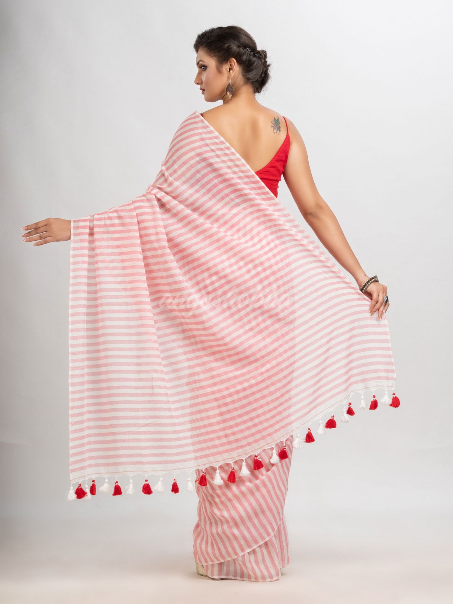 Red & white stripe molmol cotton saree