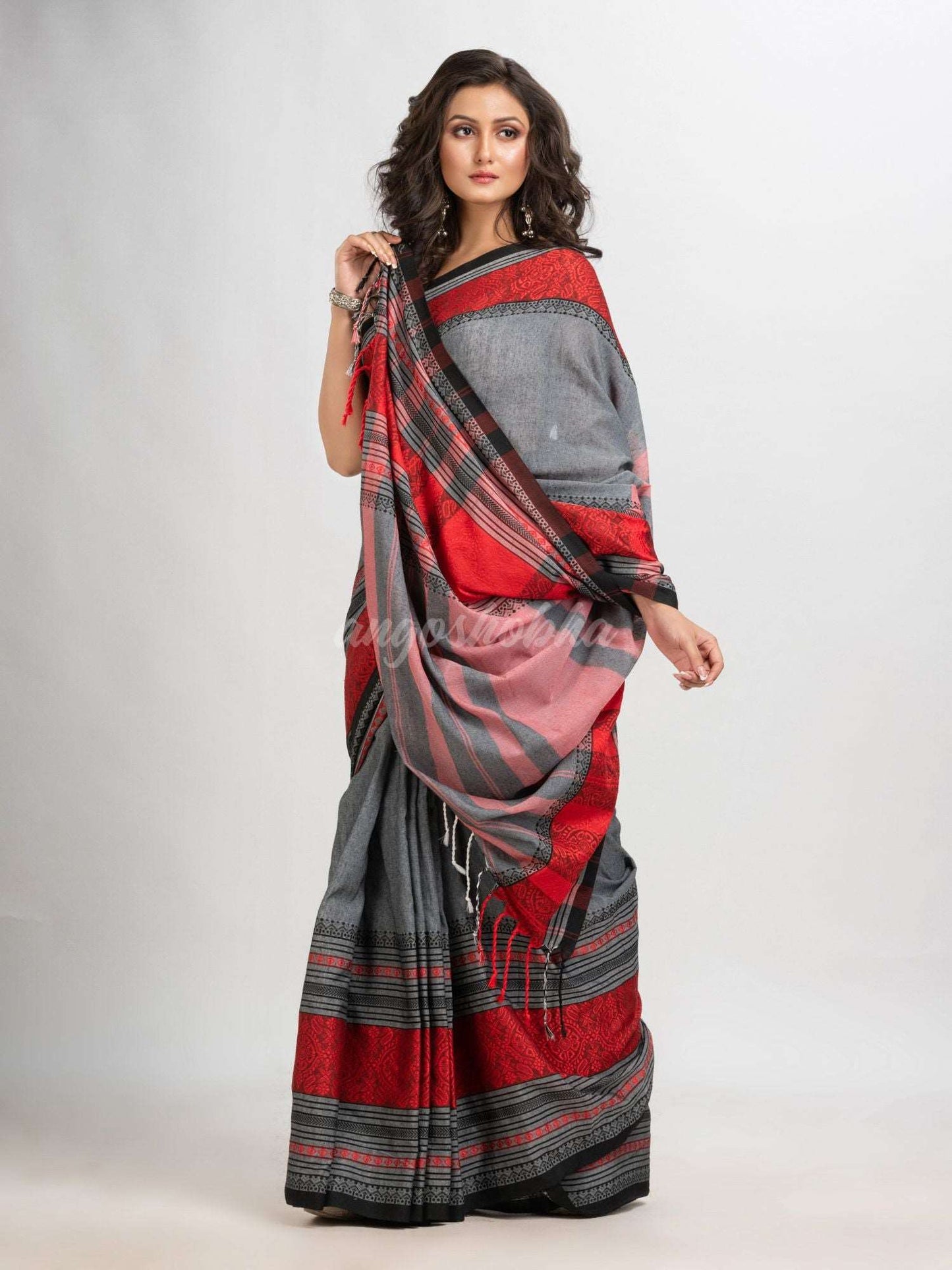 Ash grey begampuri organic cotton saree