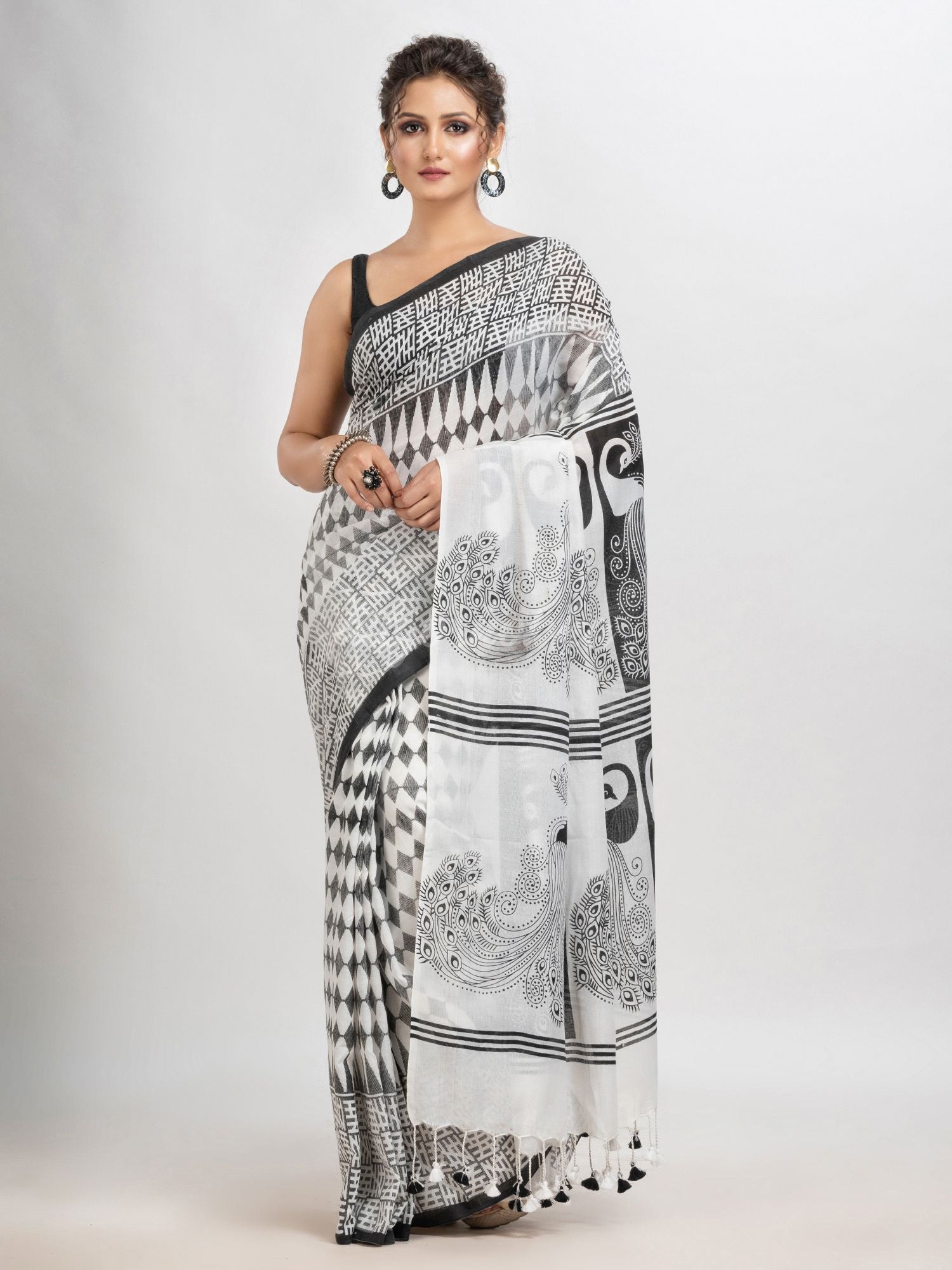 White & Black cotton peacock printed saree-angoshobha