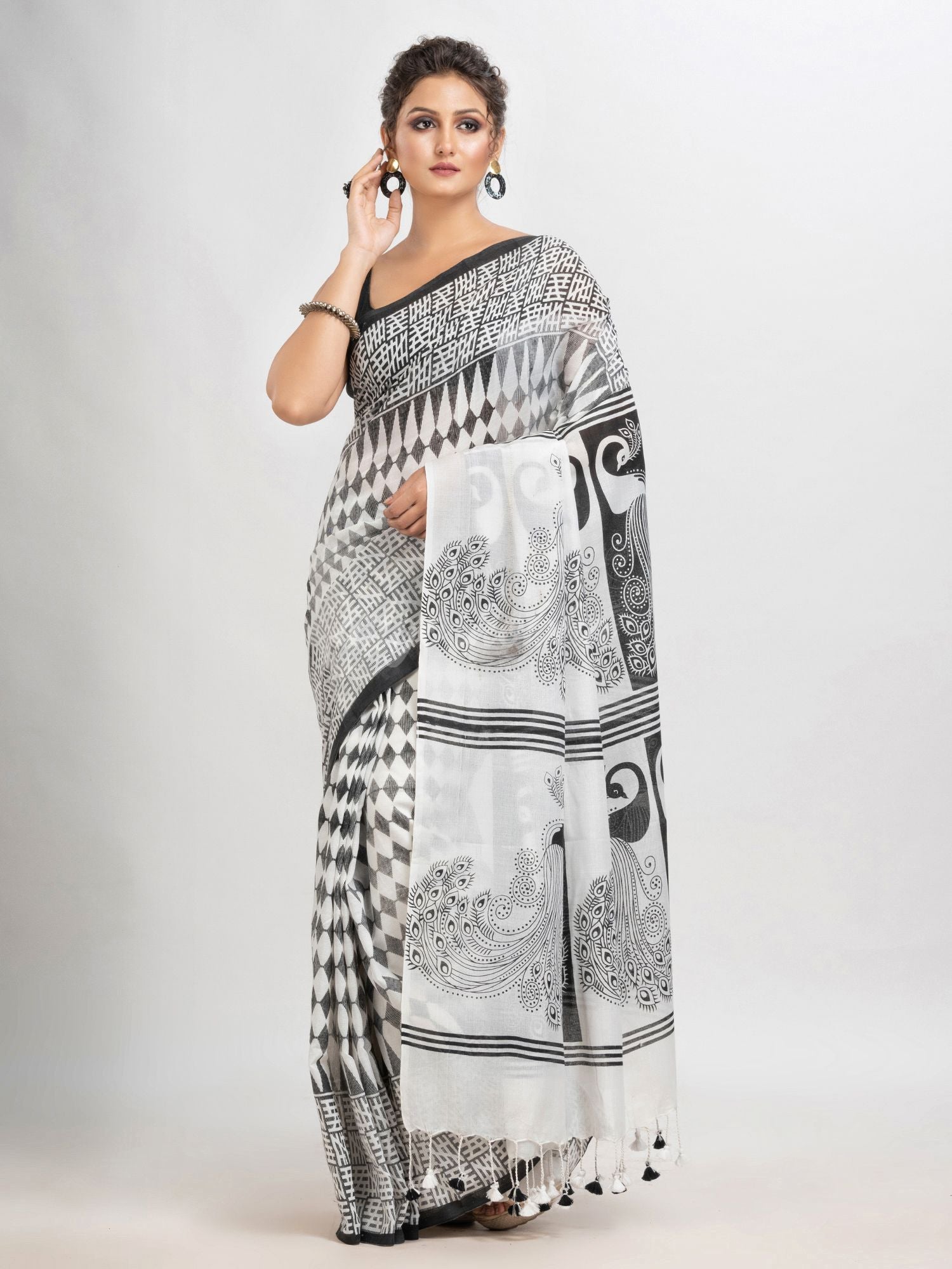 White & Black cotton peacock printed saree-angoshobha