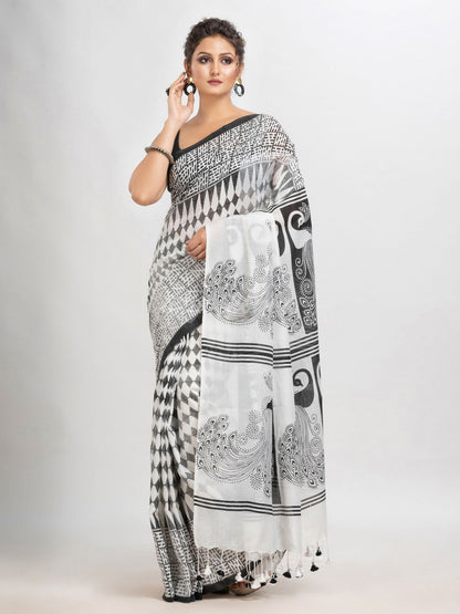 White & Black cotton peacock printed saree-angoshobha