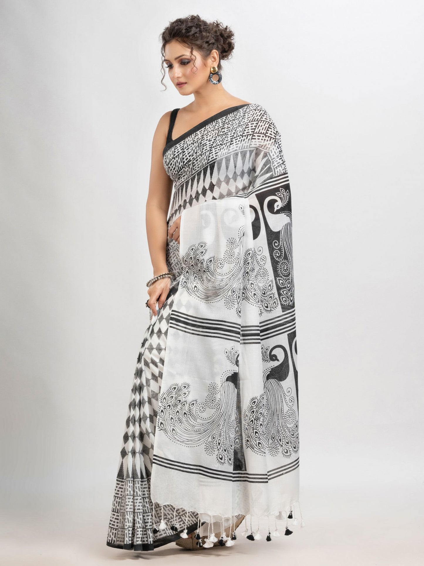 White & Black cotton peacock printed saree-angoshobha