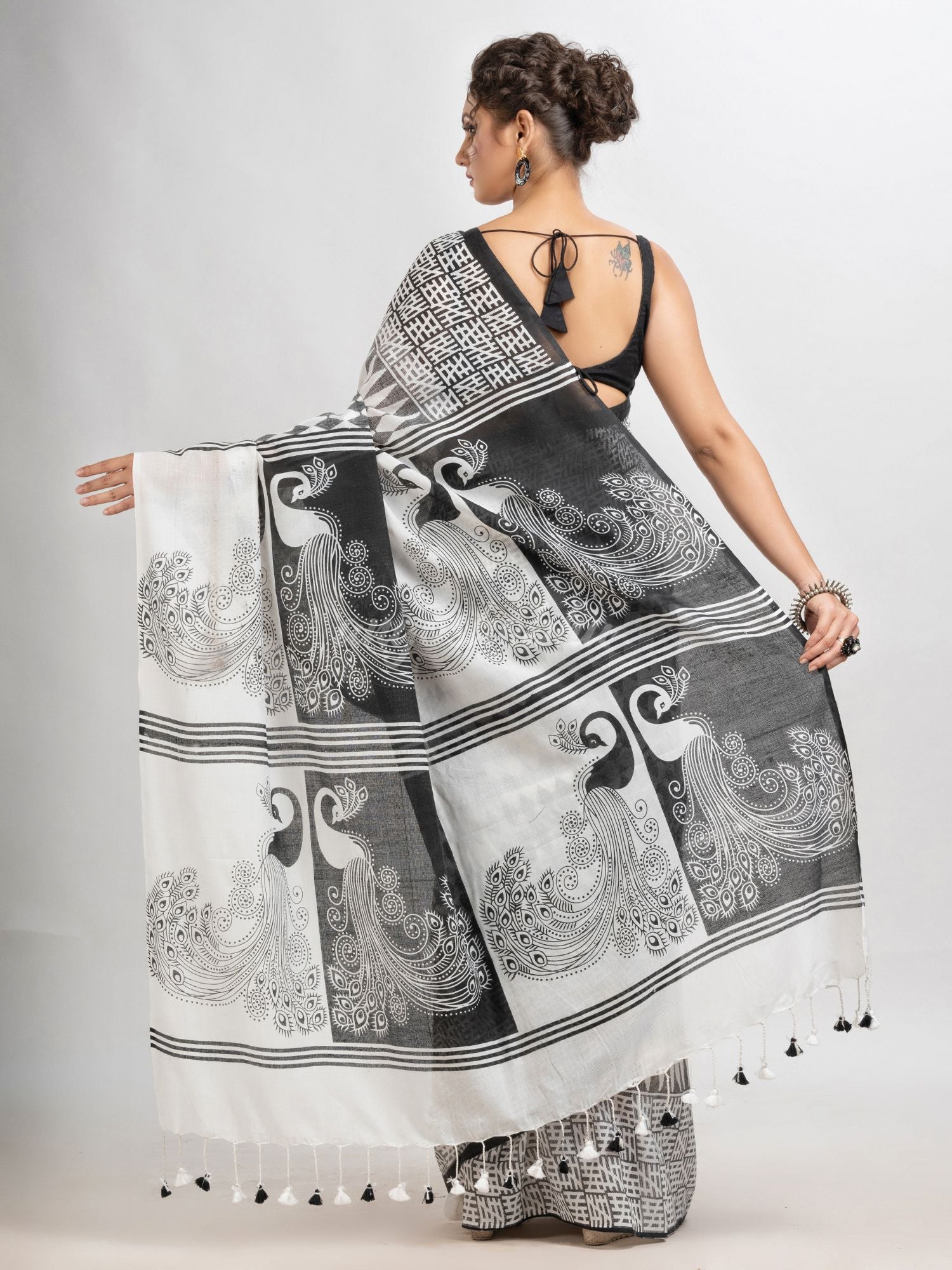 White & Black cotton peacock printed saree-angoshobha