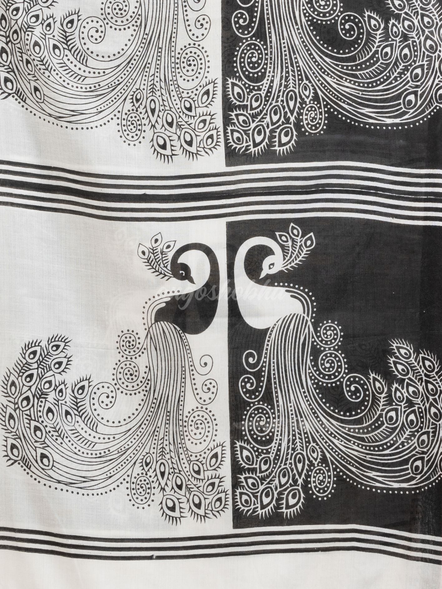 White & Black cotton peacock printed saree-angoshobha