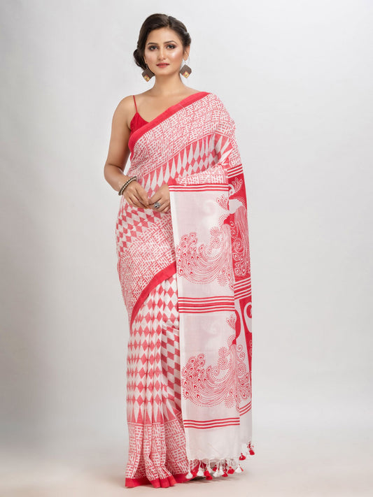 White & Red cotton peacock printed saree