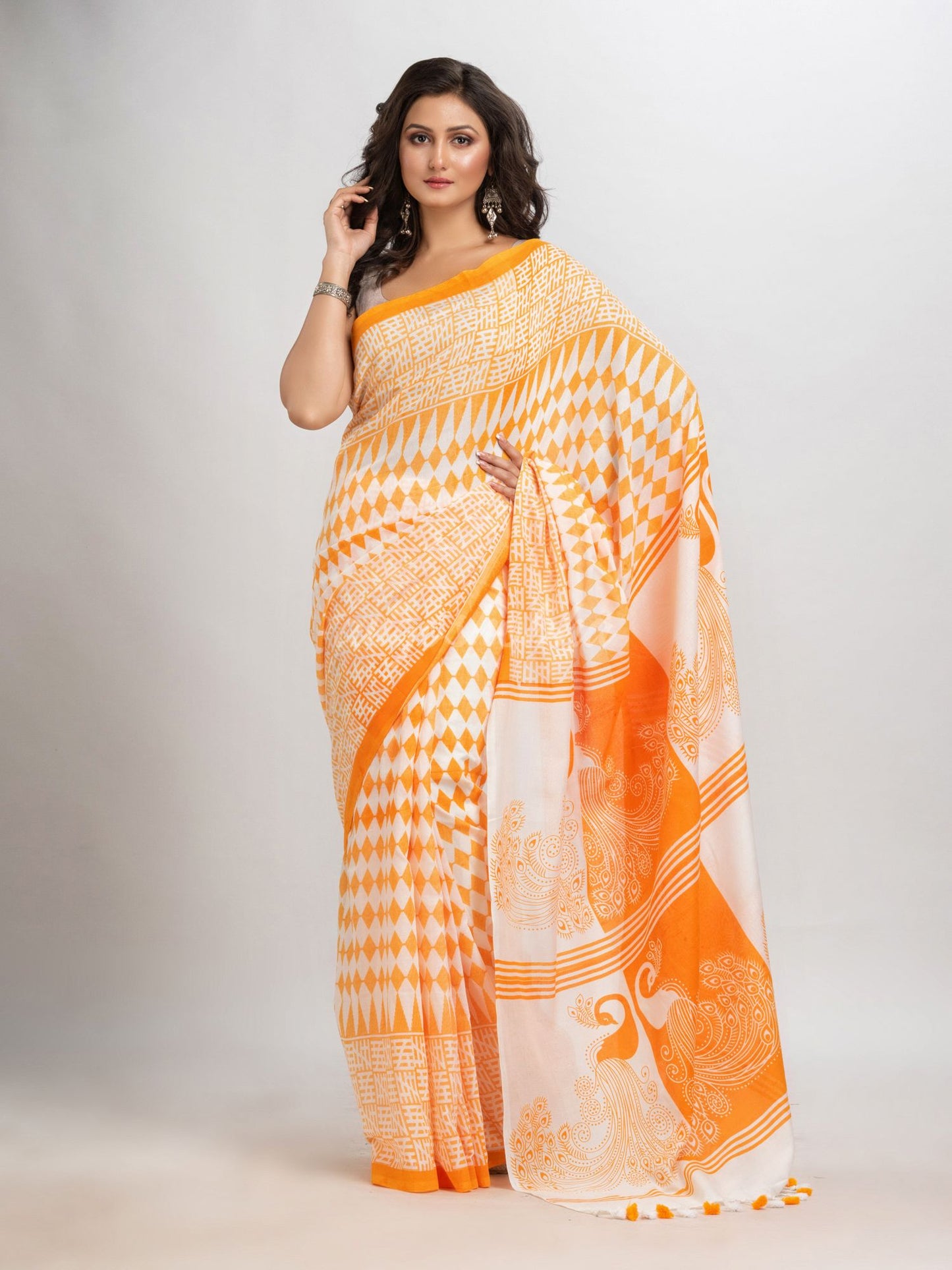 White & Yellow cotton peacock printed saree- angoshobha 