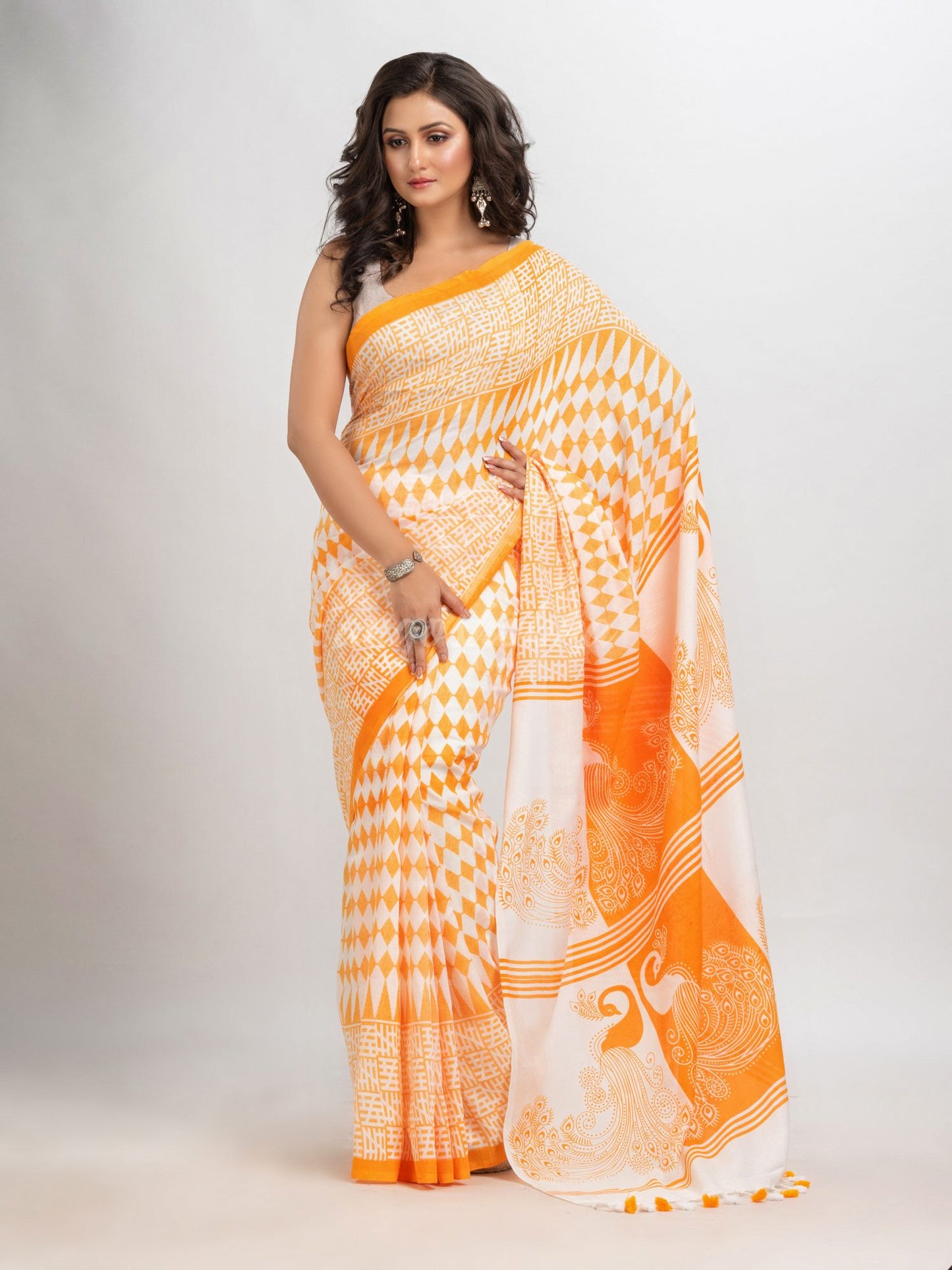 White & Yellow cotton peacock printed saree- angoshobha 