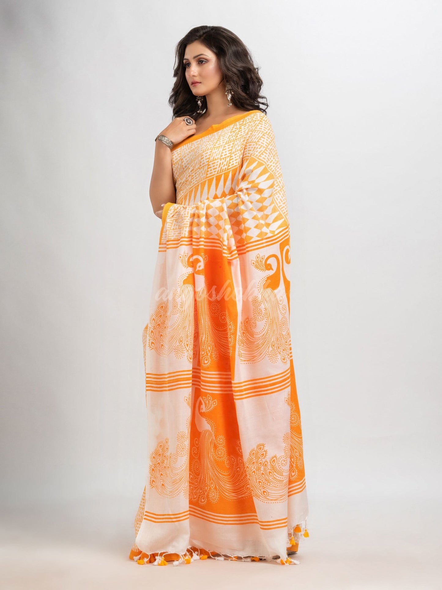 White & Yellow cotton peacock printed saree- angoshobha 