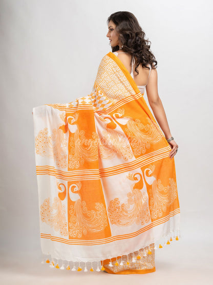 White & Yellow cotton peacock printed saree- angoshobha 