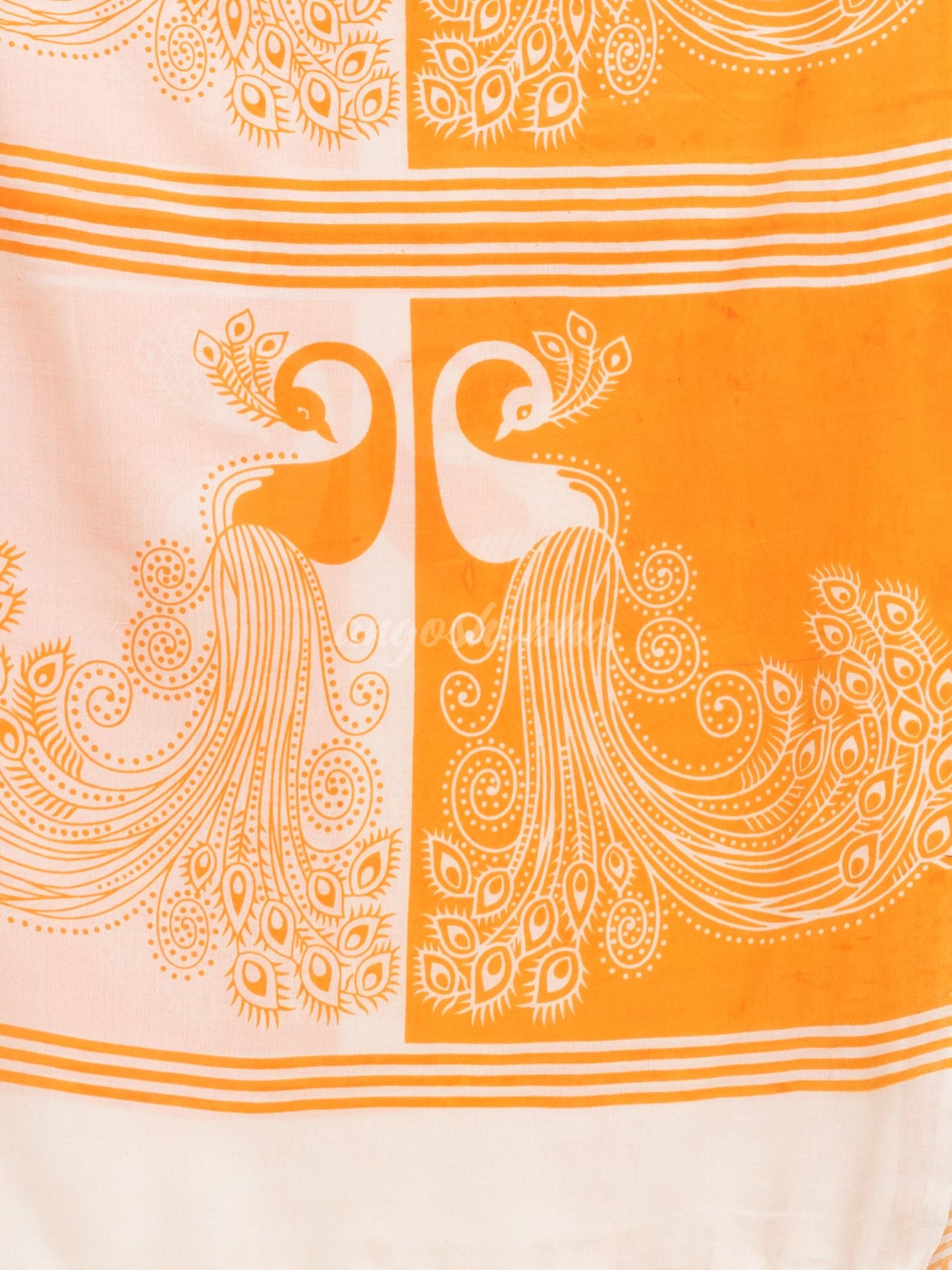 White & Yellow cotton peacock printed saree- angoshobha 