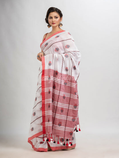 White cotton with jacquard border & pallu stripe handloom saree