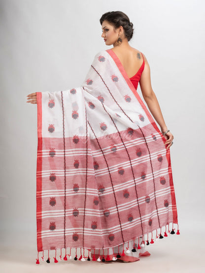 White cotton with jacquard border & pallu stripe handloom saree