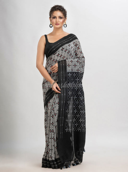 Steel grey cotton blend star printed saree- angoshobha 