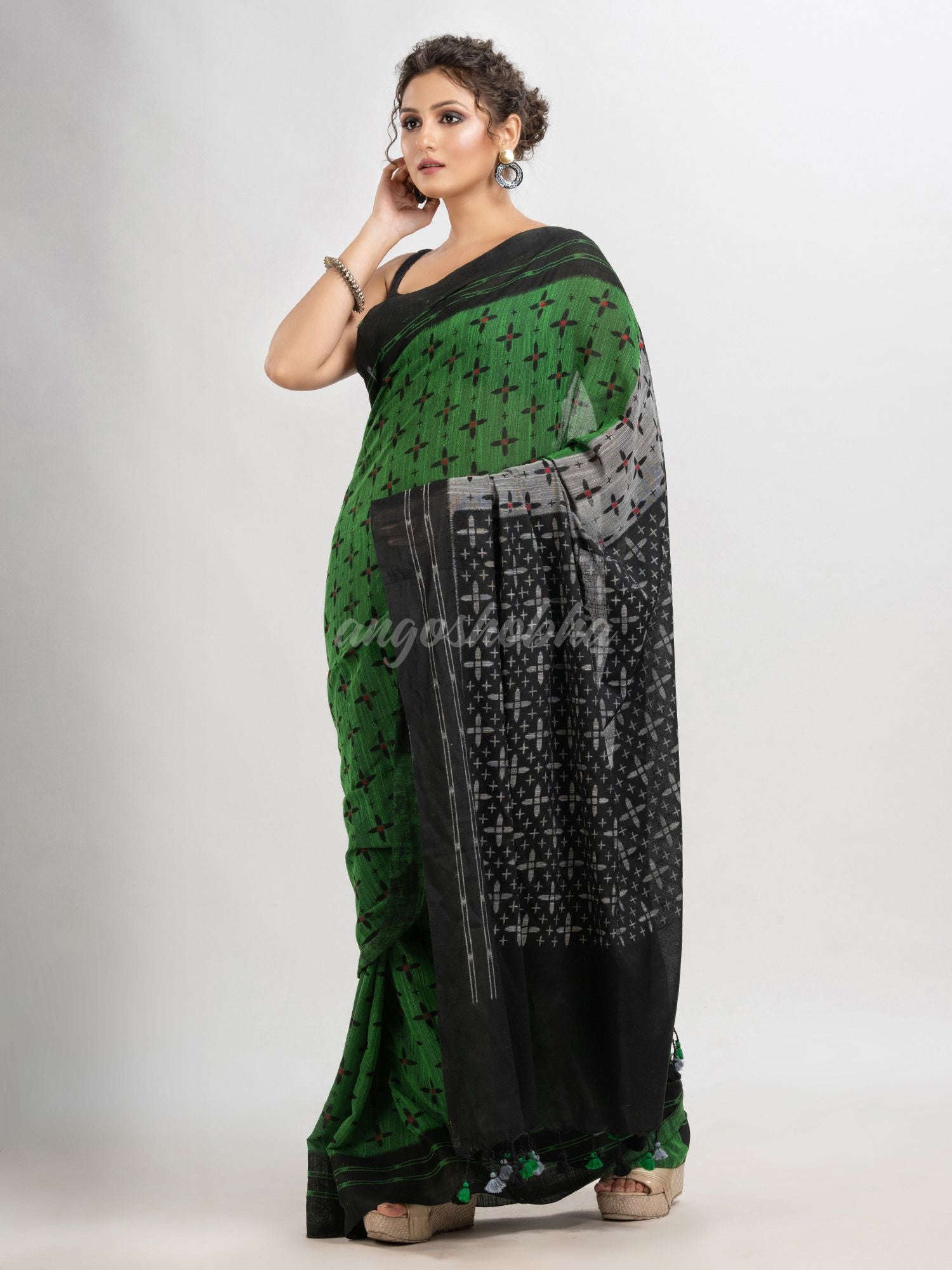  Slimy Green cotton blend star printed saree-angoshobha