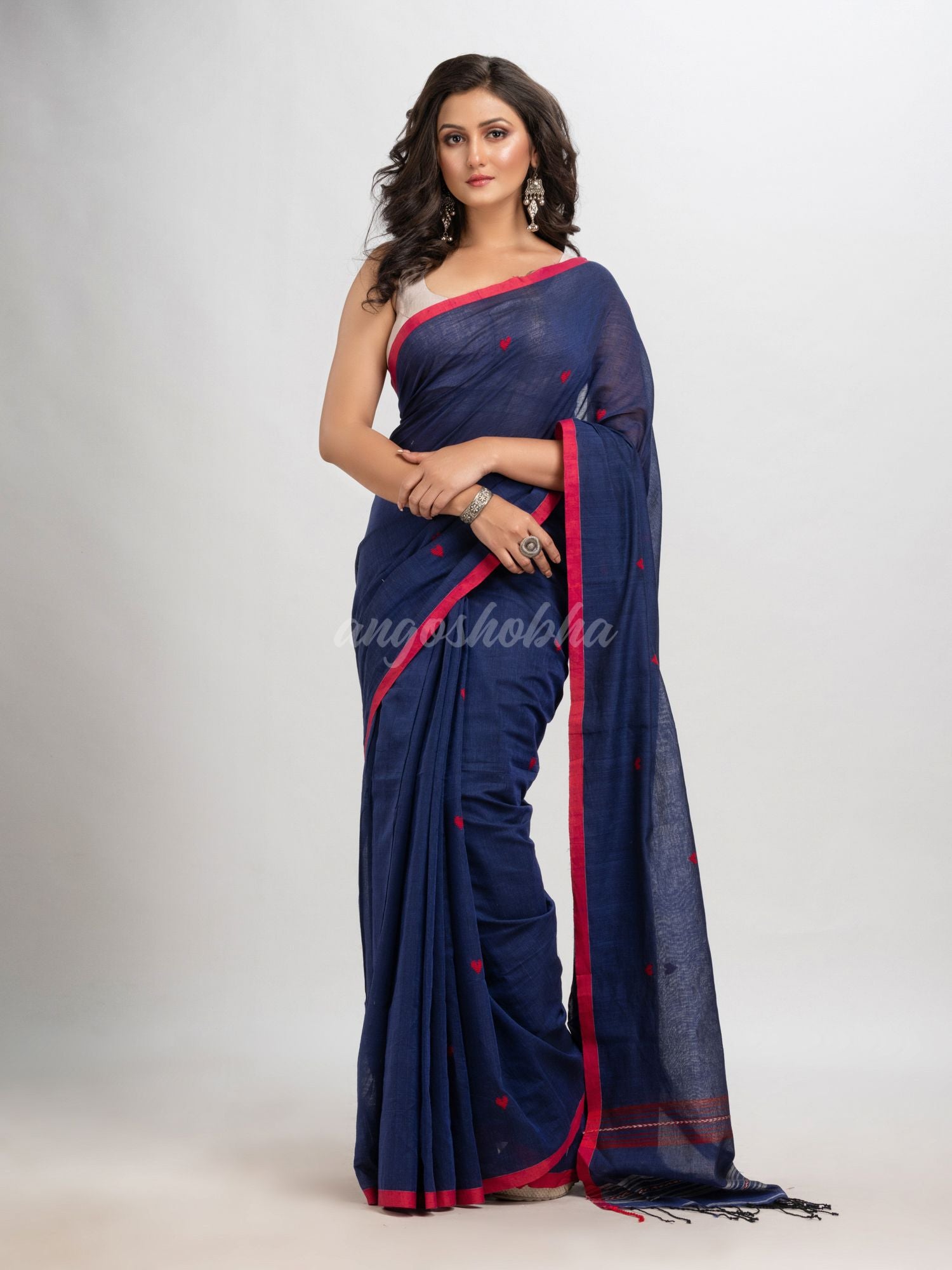 Royal blue cotton with jacquard border jamdani saree