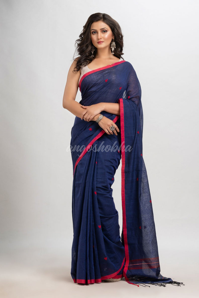 Royal blue cotton with jacquard border jamdani saree
