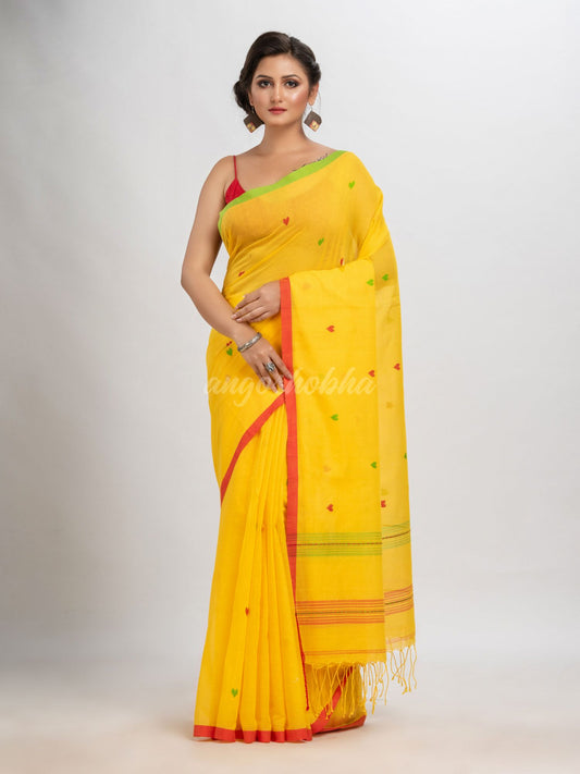 Yellow cotton with jacquard border jamdani saree