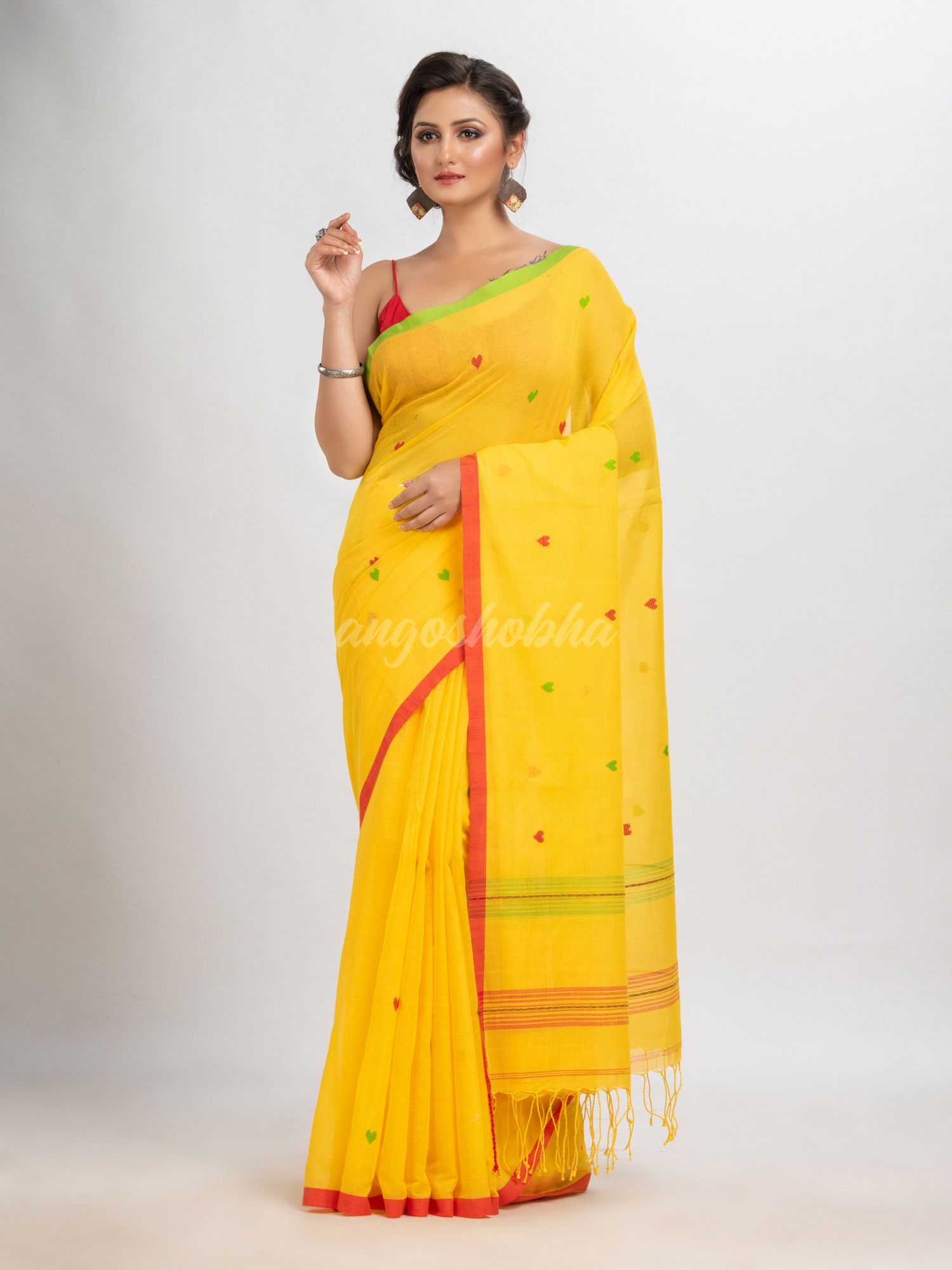 Yellow cotton with jacquard border jamdani saree