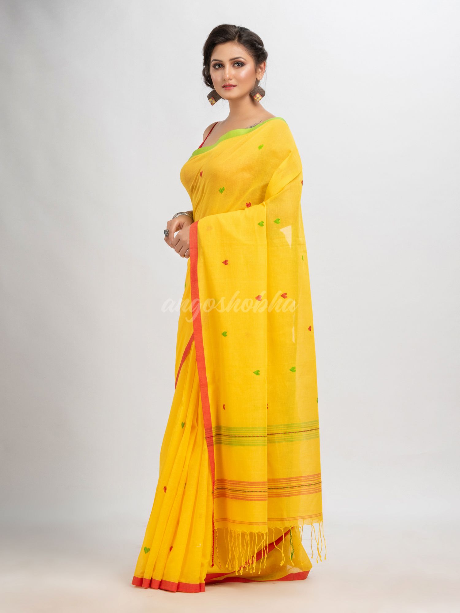 Yellow cotton with jacquard border jamdani saree
