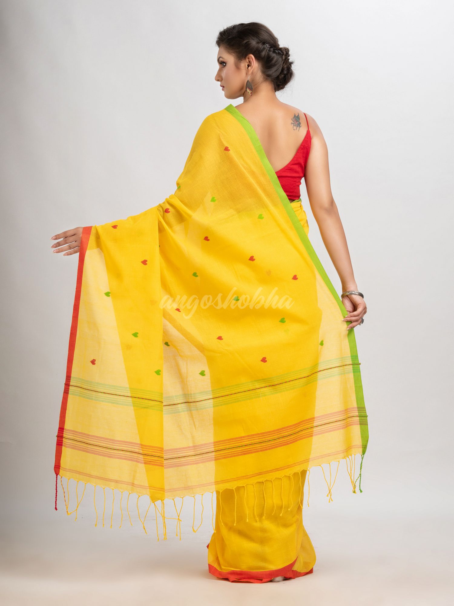 Yellow cotton with jacquard border jamdani saree