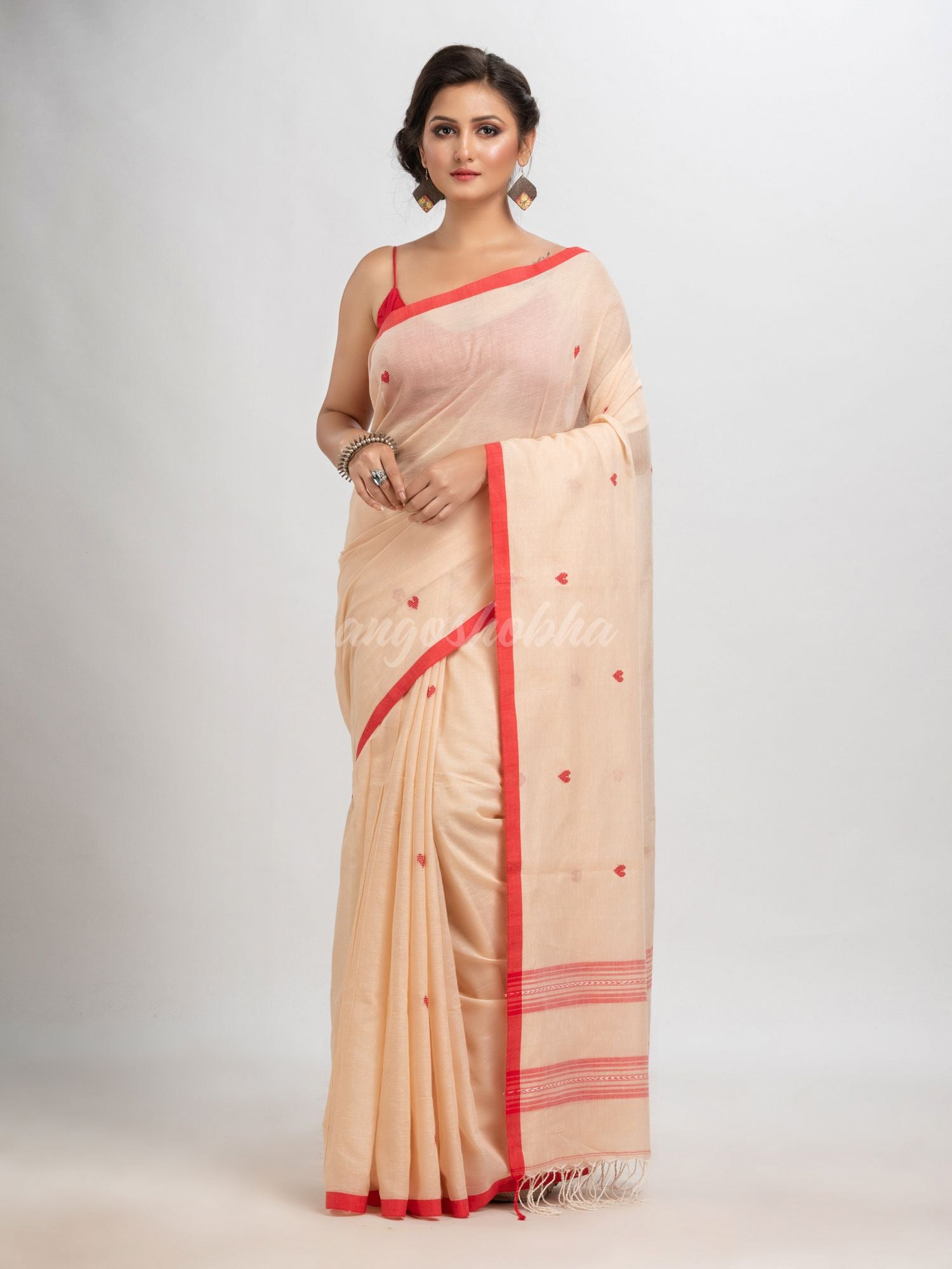 Cream  cotton with jacquard border jamdani saree