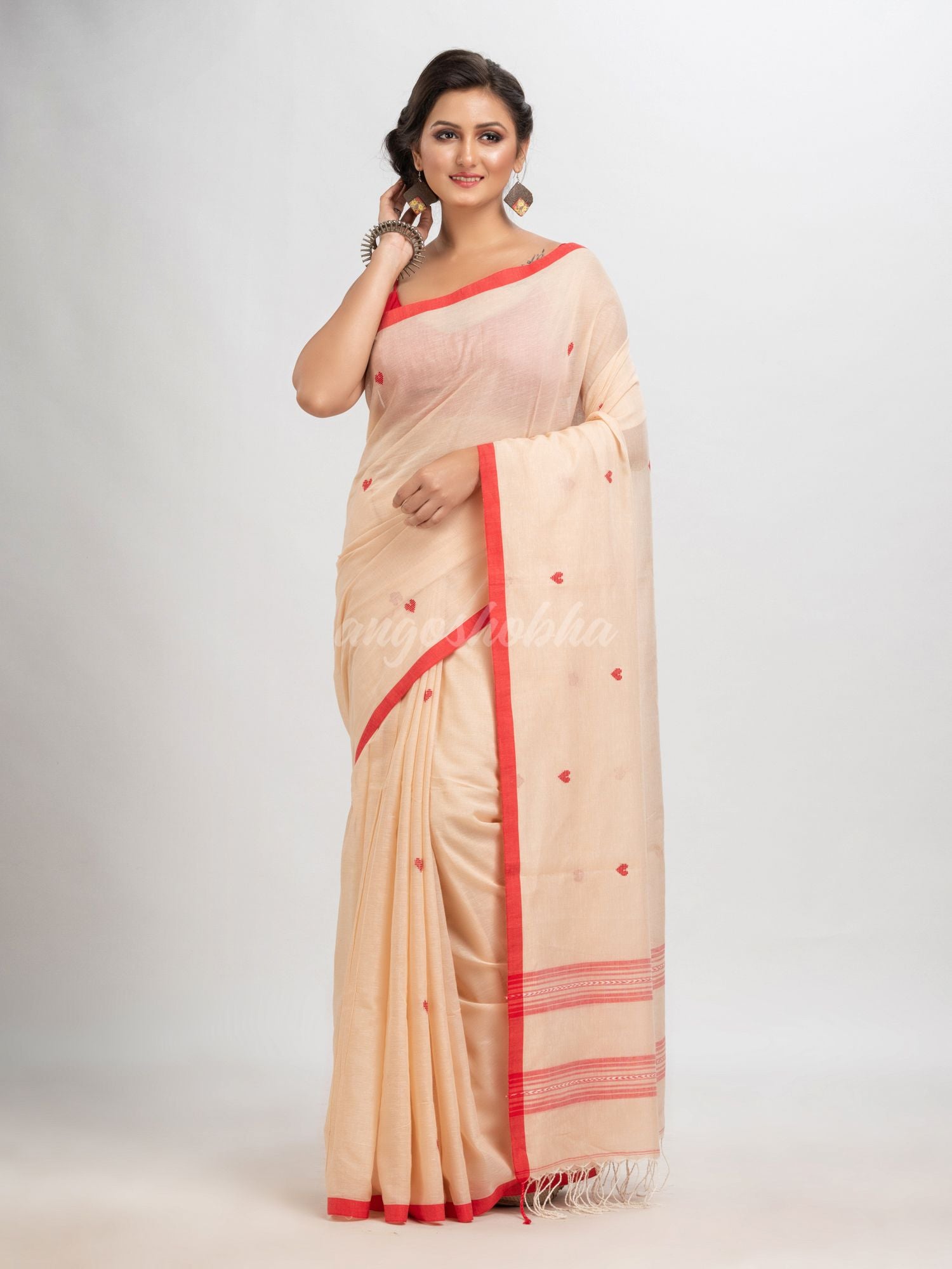 Cream  cotton with jacquard border jamdani saree