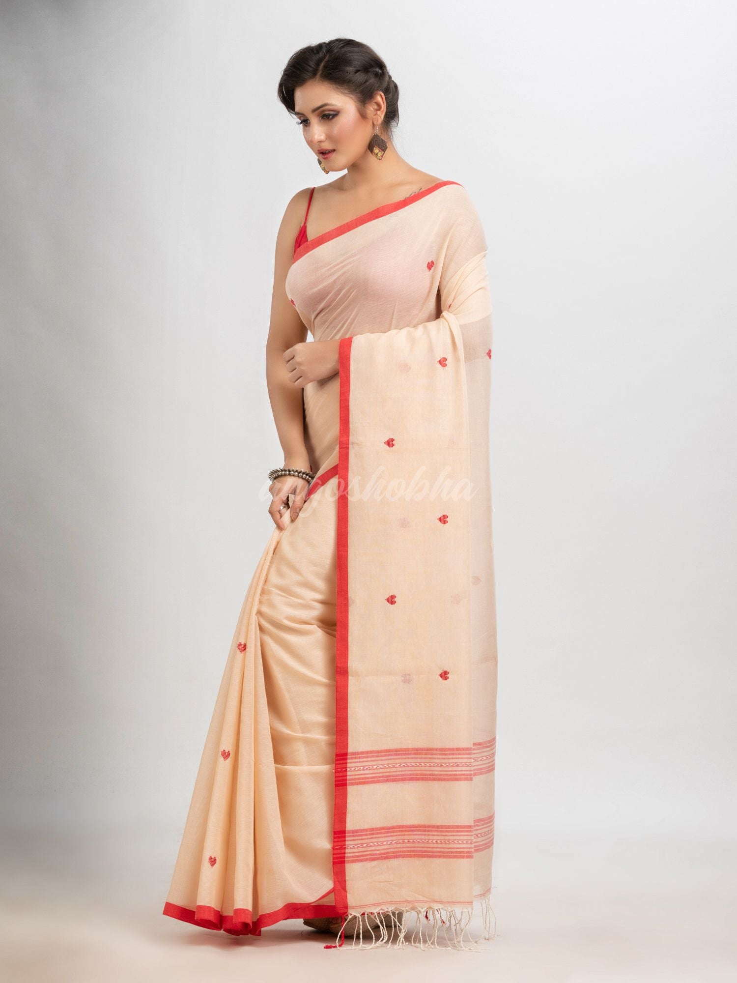 Cream  cotton with jacquard border jamdani saree