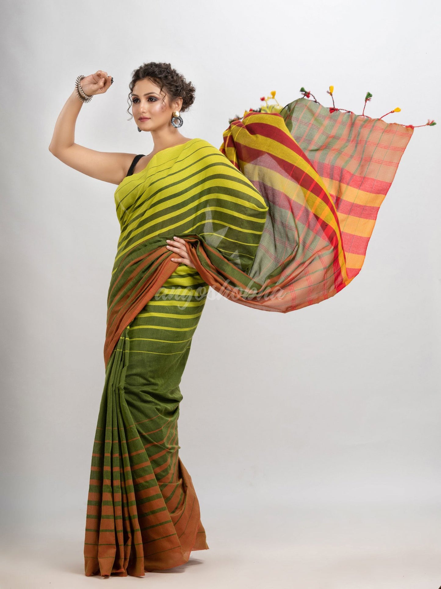 Fren green cotton blend pallu with multi colour stripe handloom saree