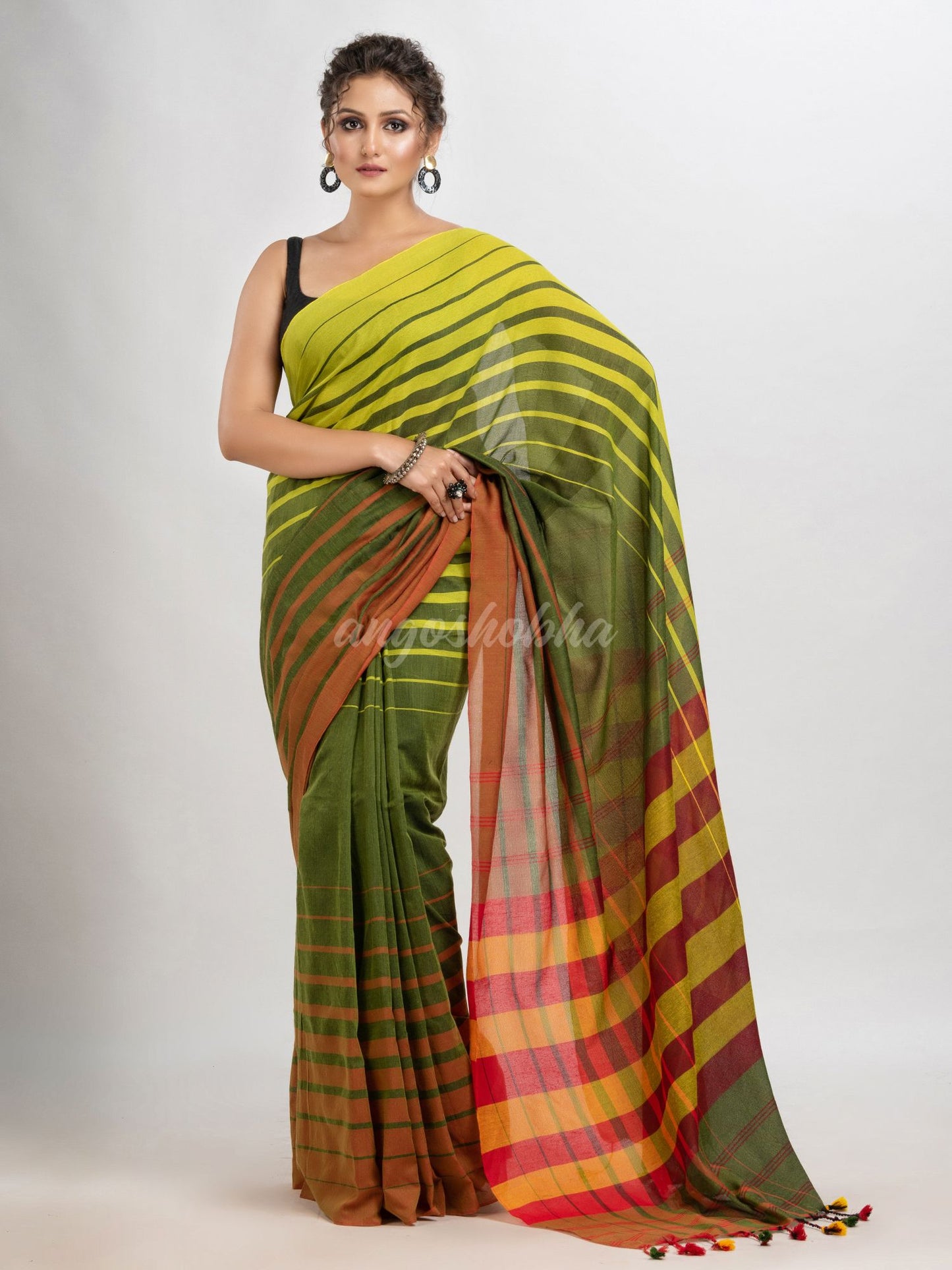 Fren green cotton blend pallu with multi colour stripe handloom saree