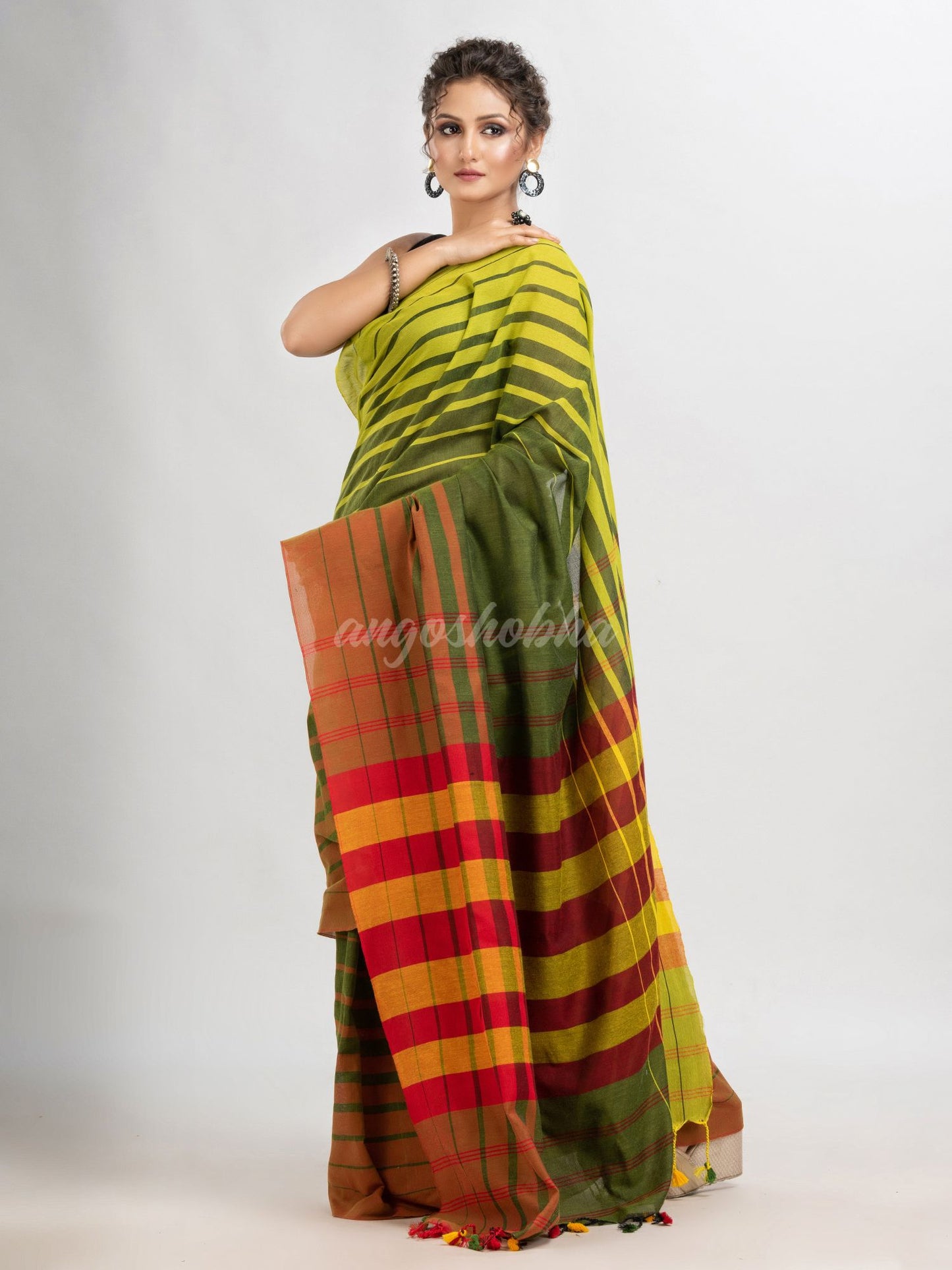 Fren green cotton blend pallu with multi colour stripe handloom saree